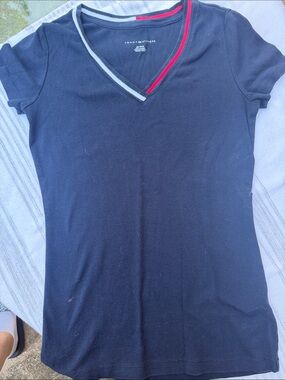 Tommy Hilfiger Navy V-Neck Tee with Red & White Trim